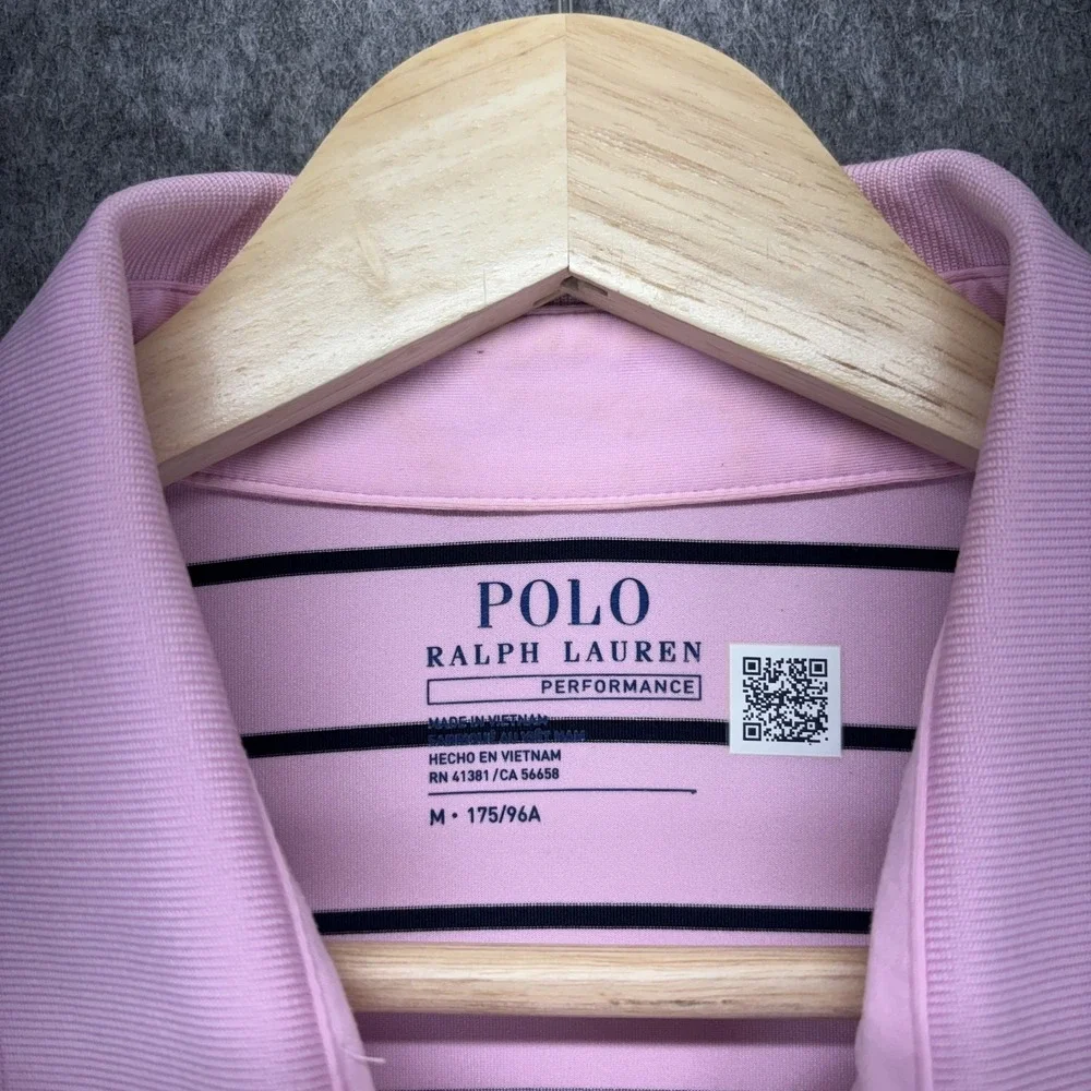 Polo‎ Ralph Lauren Performance Shirt Men Medium Stripe Short Sleeve Pink Stretch